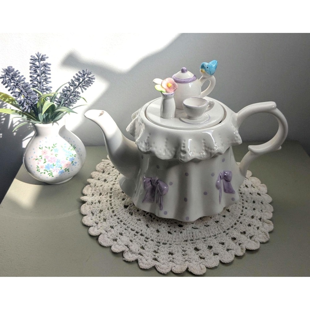 Vintage Decorative Teapot Lavender Polka Dot Ceramic Teapot Cottagecore Decor